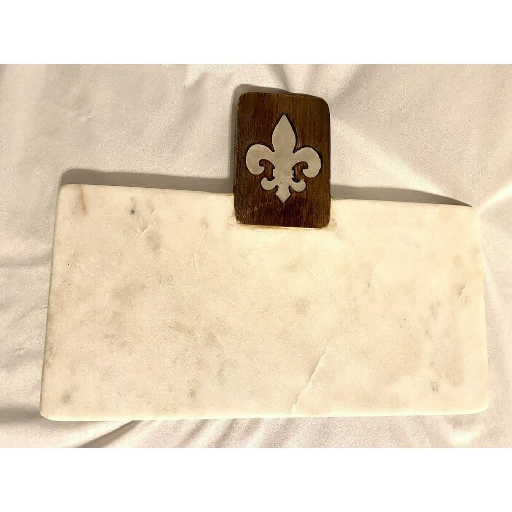 Fleur De Lis White Marble With Wood Handle Cutting Board 12 In x 6 In Heavy
